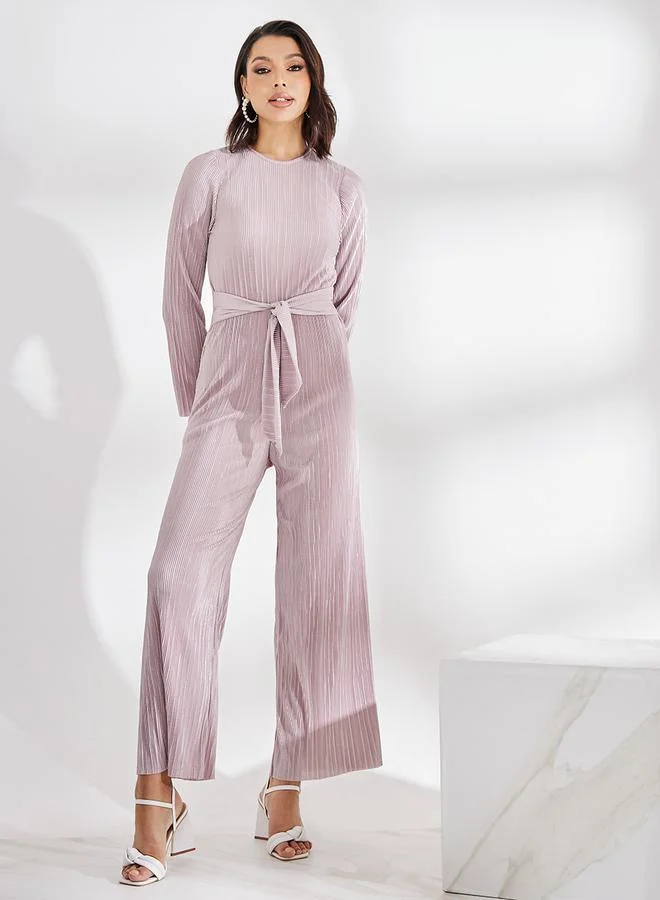 ستايلي Wide Leg Plisse Jumpsuit with Tie Waist
