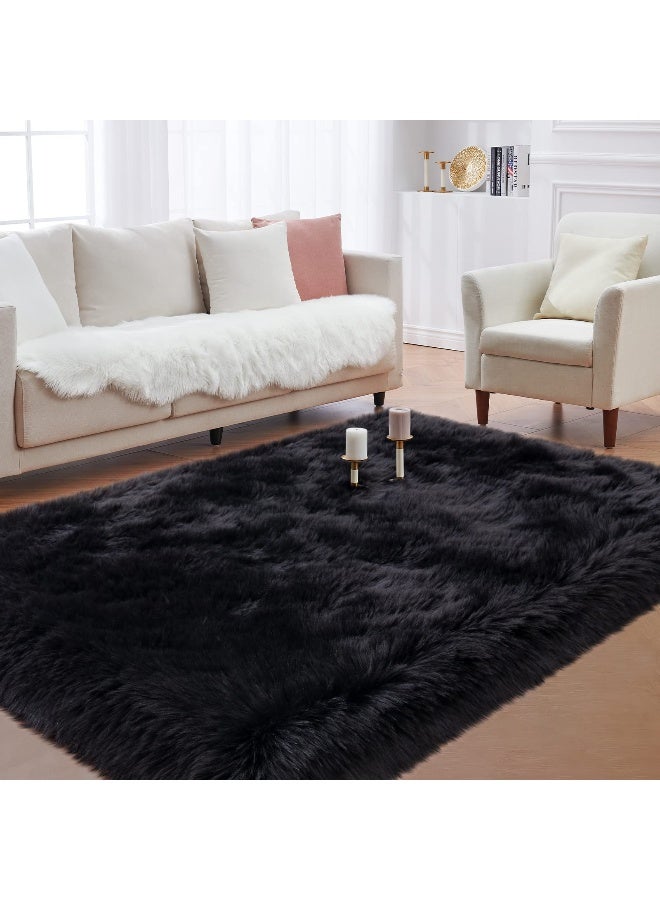 Tangsoo Black Faux Fur Rug for Bedroom 3'x5' Soft Shag Fuzzy Rugs for Living Room, Furry Bedside Nursery Rug Plush Indoor Floor Carpet for Kids Room Teen Dorm - Image 2