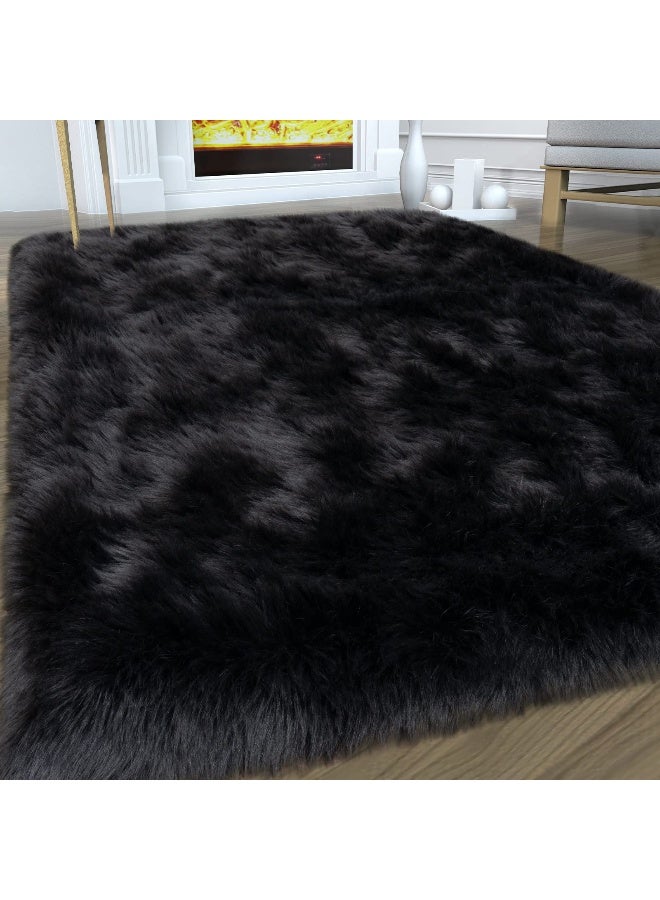 Tangsoo Black Faux Fur Rug for Bedroom 3'x5' Soft Shag Fuzzy Rugs for Living Room, Furry Bedside Nursery Rug Plush Indoor Floor Carpet for Kids Room Teen Dorm - Image 1