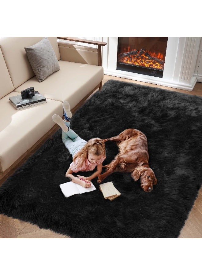 Tangsoo Black Faux Fur Rug for Bedroom 3'x5' Soft Shag Fuzzy Rugs for Living Room, Furry Bedside Nursery Rug Plush Indoor Floor Carpet for Kids Room Teen Dorm - Image 3
