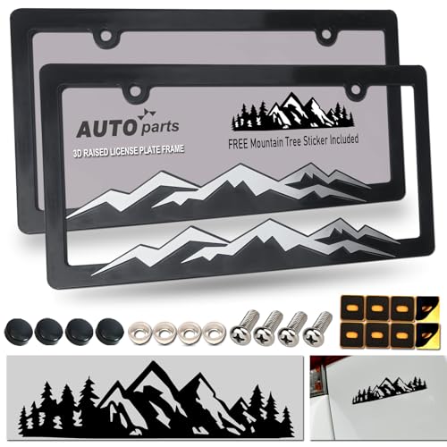 ZXFOOG Mountain License Plate Frames Plastic Black Car Tag Holder Bracket with Screws Caps 2 Packs 2 Hole Silver on Black Mountain Vinyl Sticker Included - Image 1