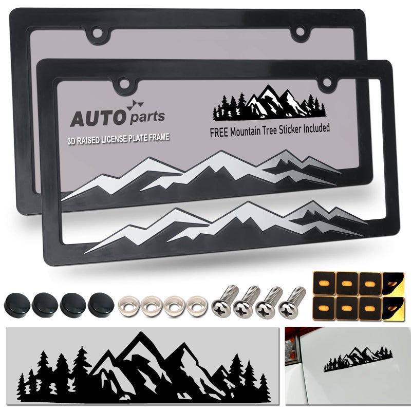 ZXFOOG Mountain License Plate Frames Plastic Black Car Tag Holder Bracket with Screws Caps 2 Packs 2 Hole Silver on Black Mountain Vinyl Sticker Included - Image 3
