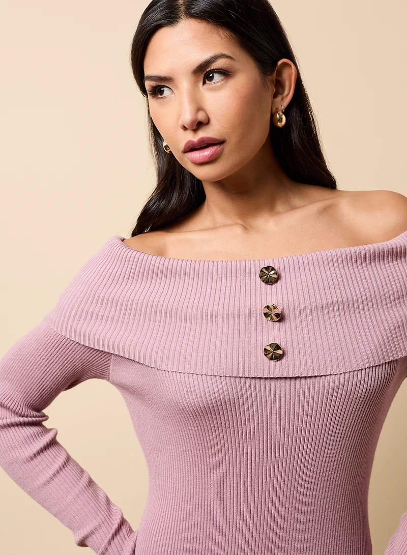 Little Mistress Button Detail Off Shoulder Maxi Dress