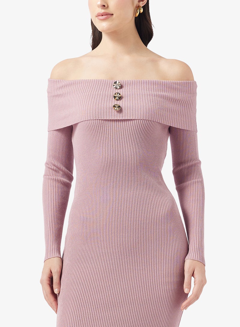 Little Mistress Button Detail Off Shoulder Maxi Dress - Image 3