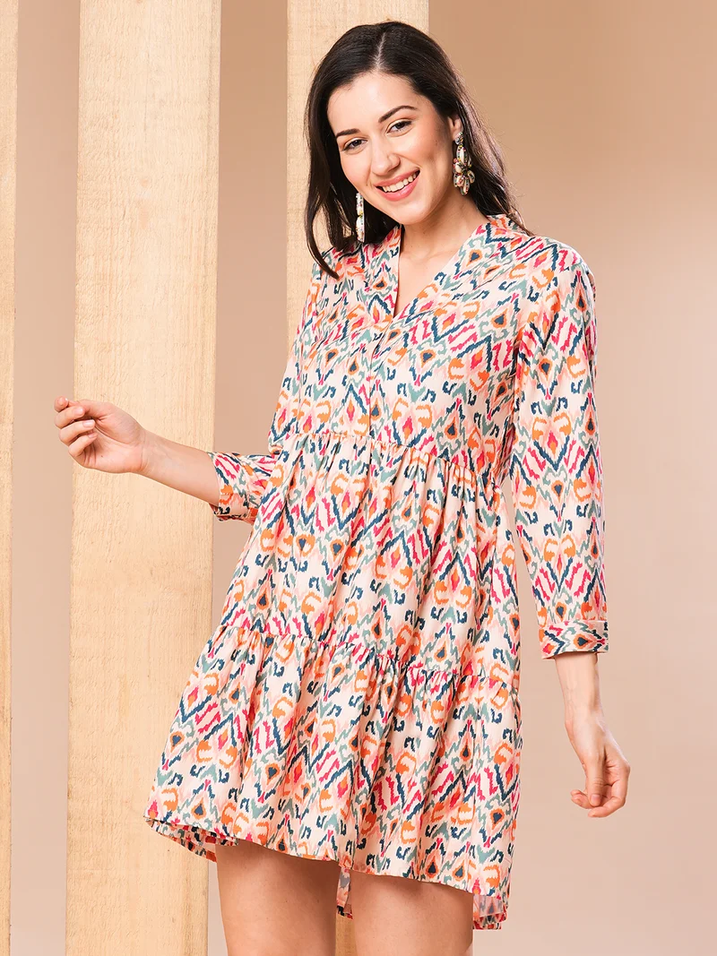 globus Women Multi V-Neck Cuff Sleeves All Over Ikat Printed A-Line Dress