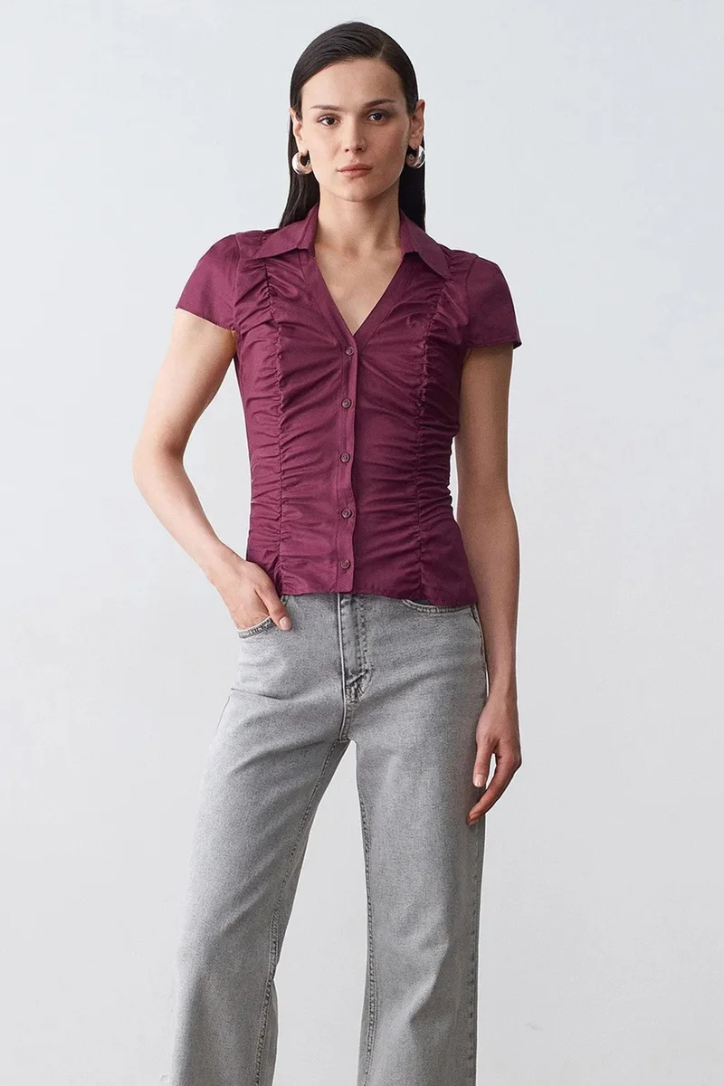 Dilvin Burgundy Red DILVIN Fitted Cotton Poplin Button Blouse for Women | Best Price UAE
