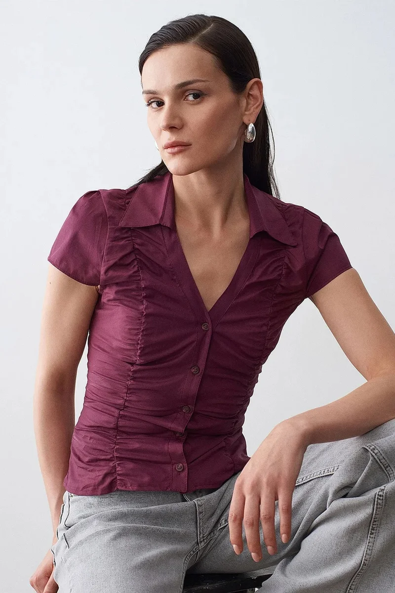Dilvin Burgundy Red DILVIN Fitted Cotton Poplin Button Blouse for Women | Best Price UAE
