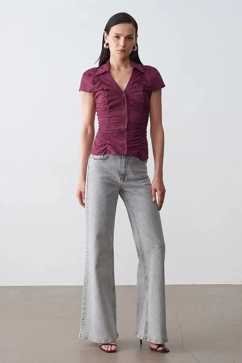 Dilvin Burgundy Red DILVIN Fitted Cotton Poplin Button Blouse for Women | Best Price UAE