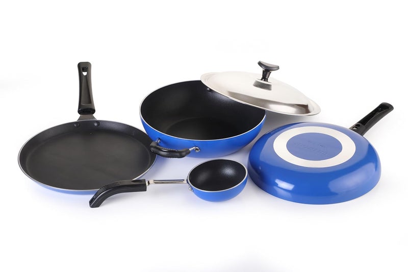 CRYSTAL Crystal Eco Series Nonstick Cookware Set, 5 Pcs, Royal Blue | 2.5 mm Thickness | PFOA Free Non Stick Coating | Tawa 250 mm | Fry Pan 240 mm | Kadai with Steel lid 240 mm | Tadka pan/Vaghariya  - Image 1