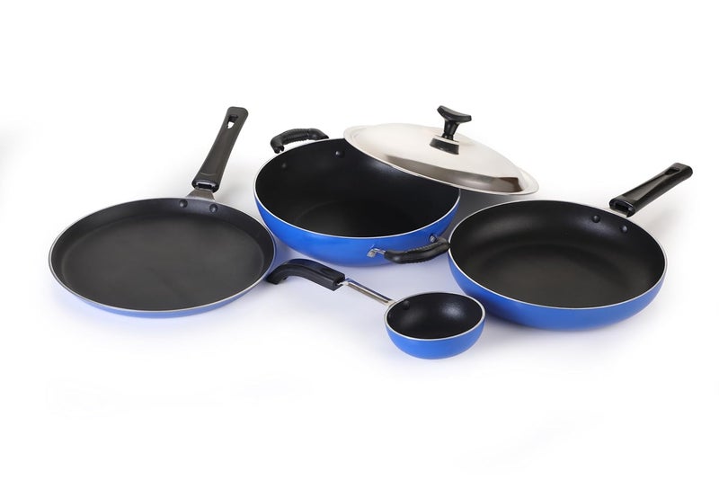 CRYSTAL Crystal Eco Series Nonstick Cookware Set, 5 Pcs, Royal Blue | 2.5 mm Thickness | PFOA Free Non Stick Coating | Tawa 250 mm | Fry Pan 240 mm | Kadai with Steel lid 240 mm | Tadka pan/Vaghariya  - Image 2