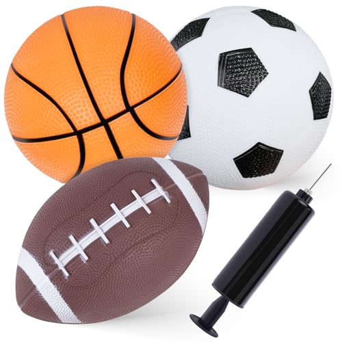 Shindel Sports Balls for Kids, 5 Inches Playground Balls with Hand Pump, Includes Football, Basketball - Image 1
