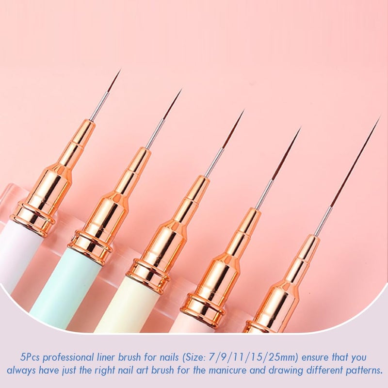 JASSINS Nail Art Liner Brushes, 5Pcs Gel Polish Painting Art Design Pen Set Striping Brushes for Thin Long Lines, Tiny Details, Fine Drawing, Delicate Coloring Sizes 7/9/11/15/25mm - Image 2