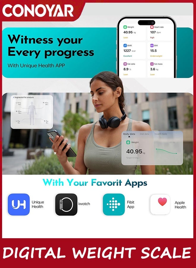 CONOYAR Digital Weight Scale with Retractable Handle, Smart Body Fat Weighing Scale for Weight, Fat, BMI, Muscle and other 57 Body Composition, 8 Electrode Pod Scale with Display - Image 3