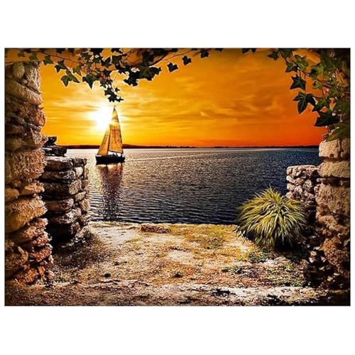 STORE 2508 DIY 5D Diamond Painting Kit for Adults & Kids Full Drill Round Diamond Crystal Gem Art, Cross Stitch Crystal Rhinestone Embroidery Home Wall Decor Gift(12x16inch) (Sunset Boat Scenary) - Image 1
