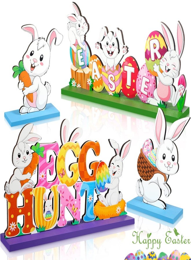 Funrous 4 Pcs Happy Easter Table Sign Decoration Wooden Egg Hunt Tabletop Centerpiece Spring Party Bunny Sign Ornaments Easter Holiday Table Topper for Home Office Spring Holiday Party Decor Supplies - Image 1
