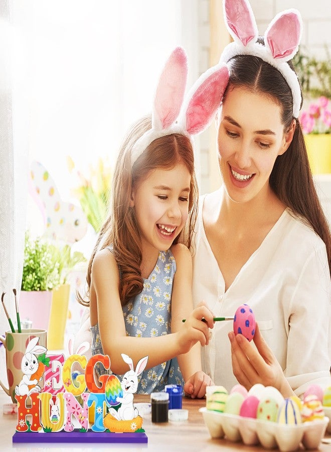 Funrous 4 Pcs Happy Easter Table Sign Decoration Wooden Egg Hunt Tabletop Centerpiece Spring Party Bunny Sign Ornaments Easter Holiday Table Topper for Home Office Spring Holiday Party Decor Supplies - Image 4