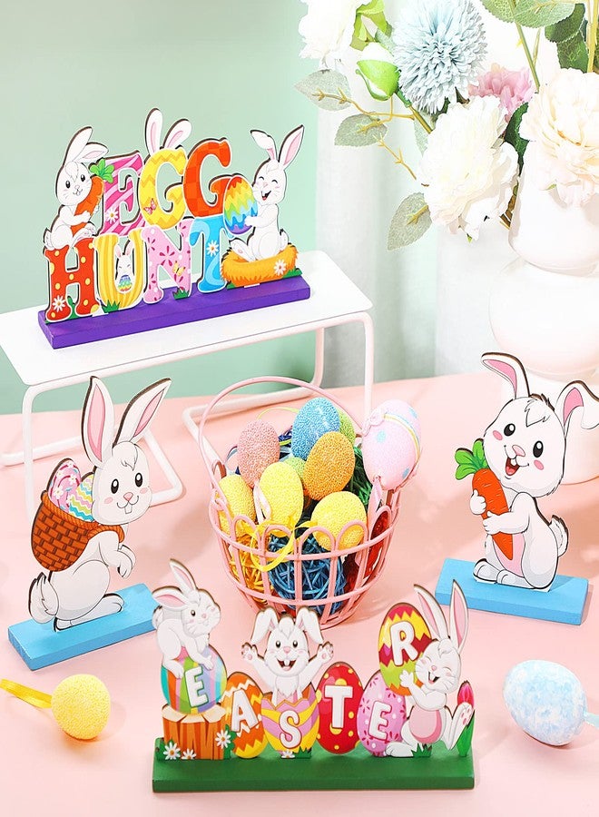 Funrous 4 Pcs Happy Easter Table Sign Decoration Wooden Egg Hunt Tabletop Centerpiece Spring Party Bunny Sign Ornaments Easter Holiday Table Topper for Home Office Spring Holiday Party Decor Supplies - Image 3