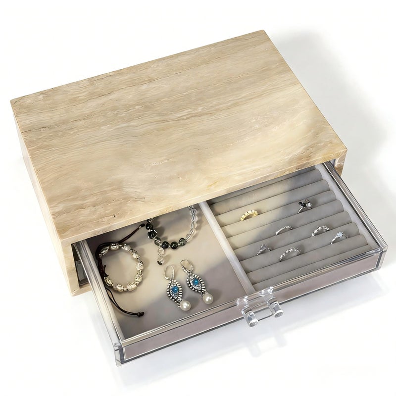 Artisanal Abode Natural Travertine Jewelry Box with 2 or 3 Drawer Organizers, Velvet Lined Storage for Rings and Necklaces (Large-2) - Image 3