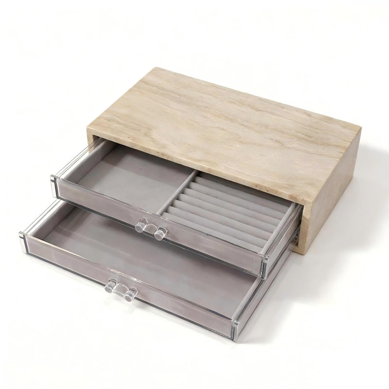 Artisanal Abode Natural Travertine Jewelry Box with 2 or 3 Drawer Organizers, Velvet Lined Storage for Rings and Necklaces (Large-2) - Image 4