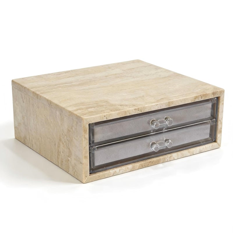 Artisanal Abode Natural Travertine Jewelry Box with 2 or 3 Drawer Organizers, Velvet Lined Storage for Rings and Necklaces (Large-2) - Image 1