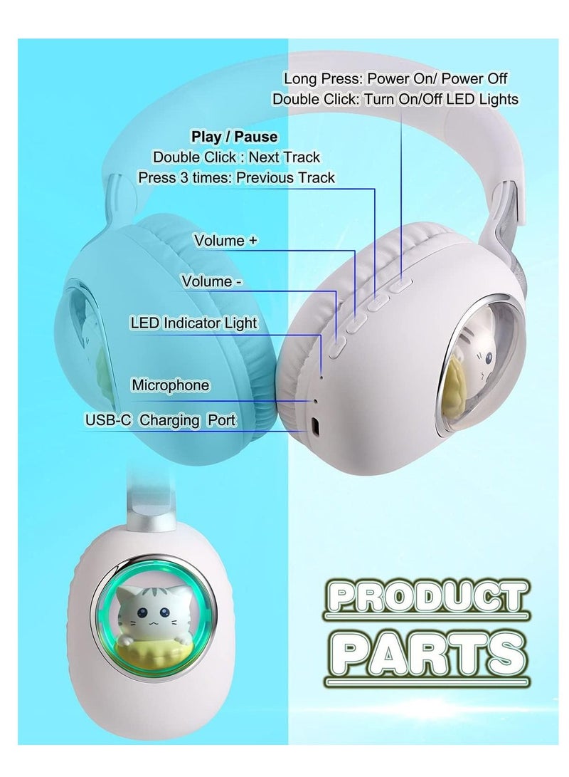 Y&D Kids Wireless Headphones Bluetooth Over Ear Headphones With Lovely Cat Colorful Led Lights Wireless&Wired Foldable Build-In Mic Bluetooth Headphones For Kids Girls Teens Adults(Blue) - Image 5