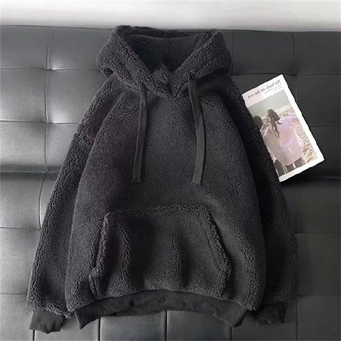 Lamb Wool Hoodie Women Autumn Winter Korean Loose Coat Sweatshirt Black - Image 1