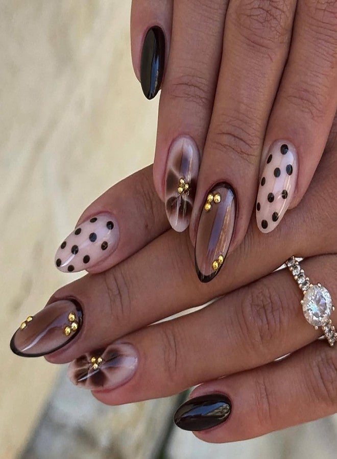 24Pcs Flower Press On Nails Medium Almond Fake Nails Cute Wave Point Stick On Nails With 3D Rhinestones Designs Floral Full Cover False Nails Brown Glossy Artificial Acrylic Nails Decoration For Women