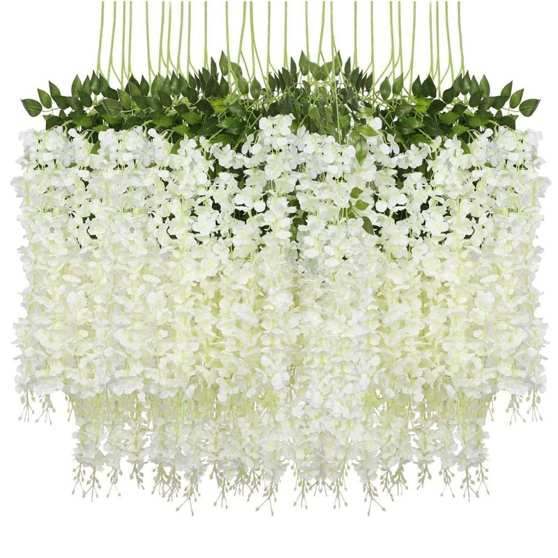 RED WIND Water Proof Hanging Artificial Wisteria Flower Strings_Pack of 12_White Color_110 Cms_for Wedding_Party_Home_Ceiling_Balcony_Office_Wall Decor NWR19 - Image 2