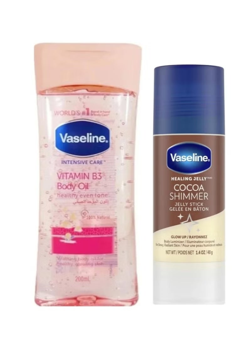 Vaseline Body Care Bundle: Vitamin B3 Body Oil for Healthy Even Tone (200ml) + Healing Jelly Cocoa Shimmer Stick Body Luminizer (40g)