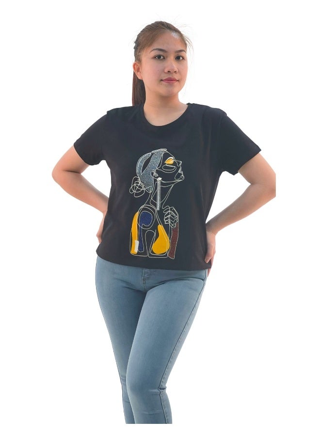 JOANNA تي شيرت نسائي بطباعة سيدة حزينة جواانا W203016 - أسود - M - Image 1