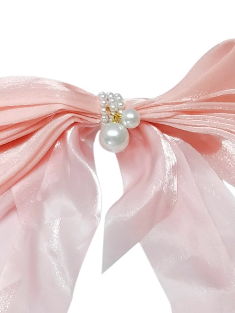 Oomph! OOMPH Jewellery Pink Shimmer Organza Large Big Bow with Pearls Hair Barrette Clip for Women & Girls Stylish Latest (HSSK99_AMR1) - Image 3