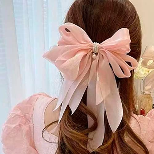 Oomph! OOMPH Jewellery Pink Shimmer Organza Large Big Bow with Pearls Hair Barrette Clip for Women & Girls Stylish Latest (HSSK99_AMR1) - Image 1
