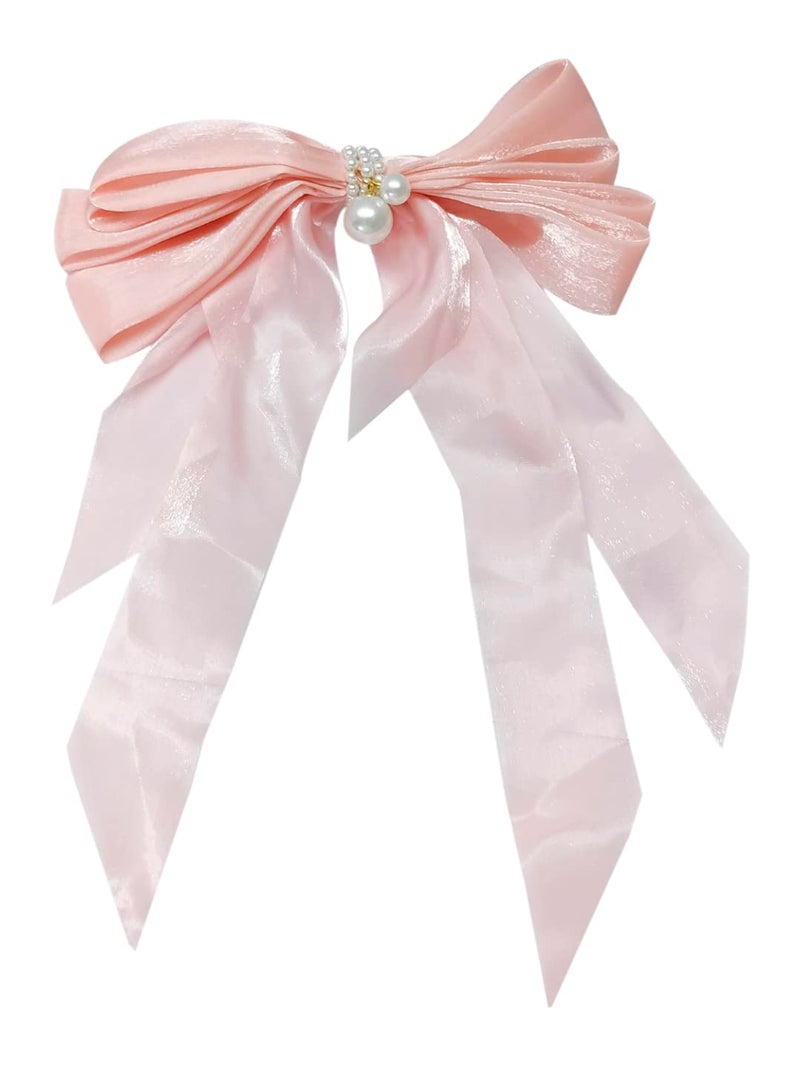 Oomph! OOMPH Jewellery Pink Shimmer Organza Large Big Bow with Pearls Hair Barrette Clip for Women & Girls Stylish Latest (HSSK99_AMR1) - Image 2