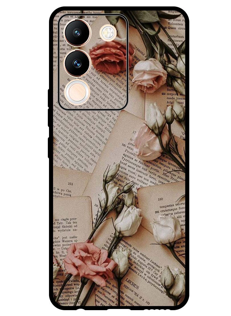 Theodor غطاء واقي مضاد للخدش ومقاوم للصدمات لجهاز Vivo V29e مزين بالكتب والزهور - Image 1