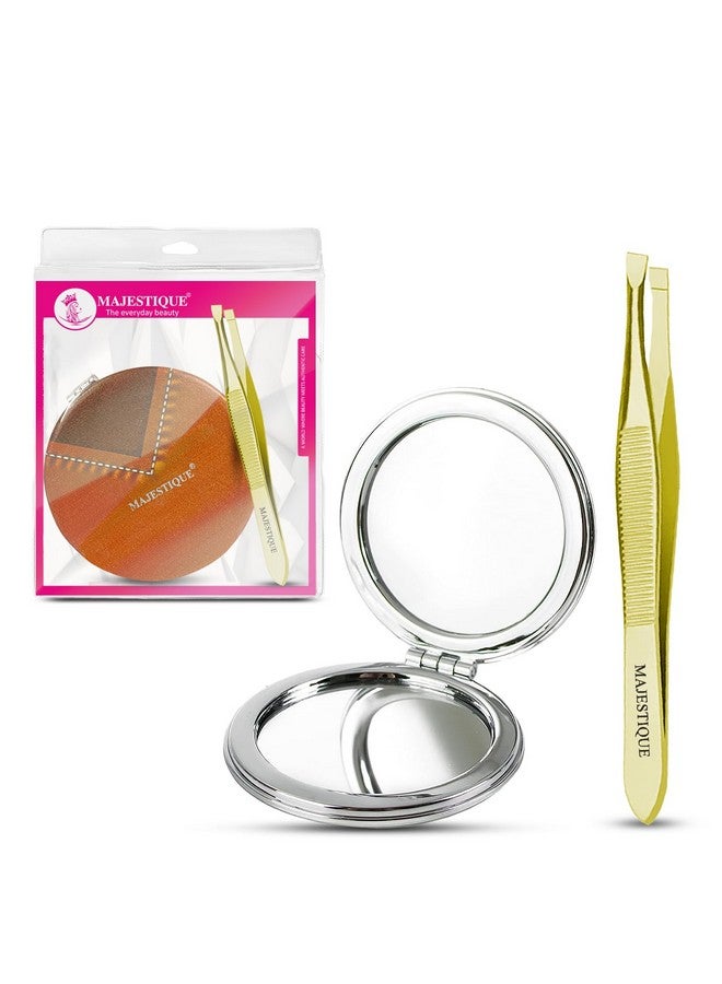 MAJESTIQUE Tweezers for Eyebrows, Slant Tip Professional Stainless Steel Eyebrow Tweezers for Women| Magnifying Beauty Compact Mirror, Dual Side Frame Mirror, Leather Finish Makeup Mirror (Pack of 2) - Image 1