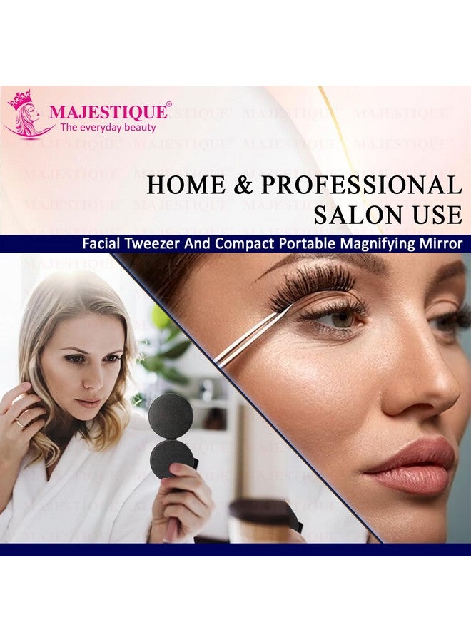MAJESTIQUE Tweezers for Eyebrows, Slant Tip Professional Stainless Steel Eyebrow Tweezers for Women| Magnifying Beauty Compact Mirror, Dual Side Frame Mirror, Leather Finish Makeup Mirror (Pack of 2) - Image 5