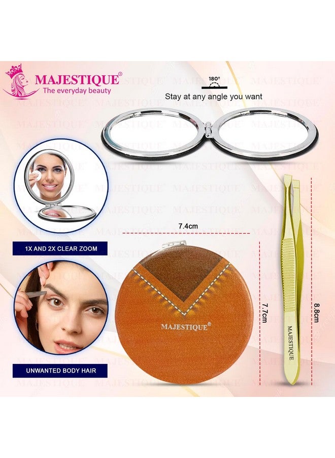 MAJESTIQUE Tweezers for Eyebrows, Slant Tip Professional Stainless Steel Eyebrow Tweezers for Women| Magnifying Beauty Compact Mirror, Dual Side Frame Mirror, Leather Finish Makeup Mirror (Pack of 2) - Image 2