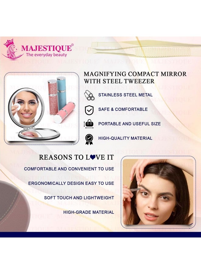 MAJESTIQUE Tweezers for Eyebrows, Slant Tip Professional Stainless Steel Eyebrow Tweezers for Women| Magnifying Beauty Compact Mirror, Dual Side Frame Mirror, Leather Finish Makeup Mirror (Pack of 2) - Image 3