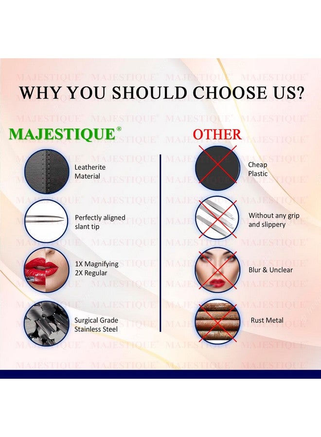 MAJESTIQUE Tweezers for Eyebrows, Slant Tip Professional Stainless Steel Eyebrow Tweezers for Women| Magnifying Beauty Compact Mirror, Dual Side Frame Mirror, Leather Finish Makeup Mirror (Pack of 2) - Image 4