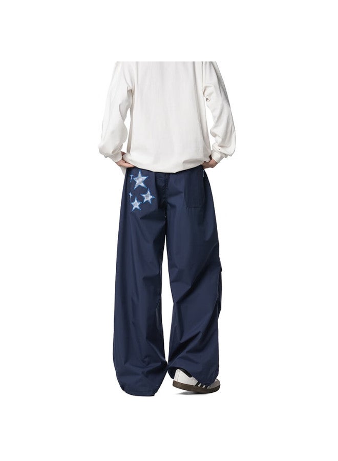 Izexx American Style Star Pleated Casual Pants Men Spring Paratrooper Loose Straight Tactical Pants Zw82 Black Navy XL - Image 4
