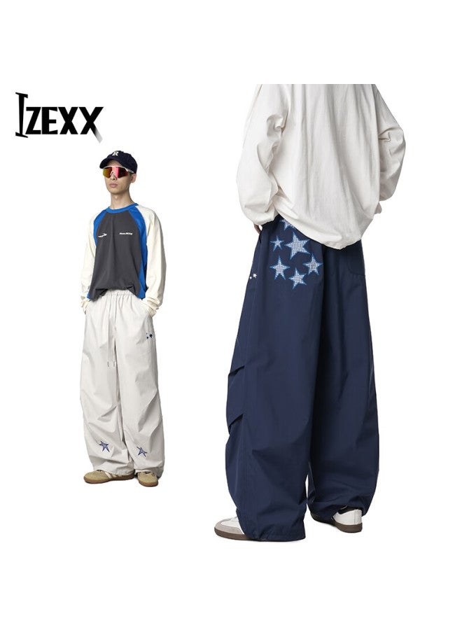 Izexx American Style Star Pleated Casual Pants Men Spring Paratrooper Loose Straight Tactical Pants Zw82 Black Navy XL - Image 1