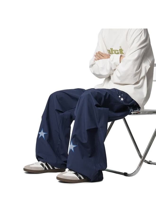 Izexx American Style Star Pleated Casual Pants Men Spring Paratrooper Loose Straight Tactical Pants Zw82 Black Navy XL - Image 5