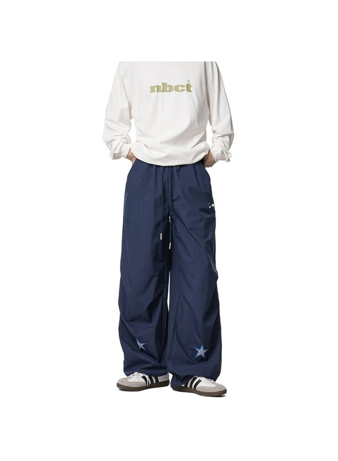 Izexx American Style Star Pleated Casual Pants Men Spring Paratrooper Loose Straight Tactical Pants Zw82 Black Navy XL - Image 3
