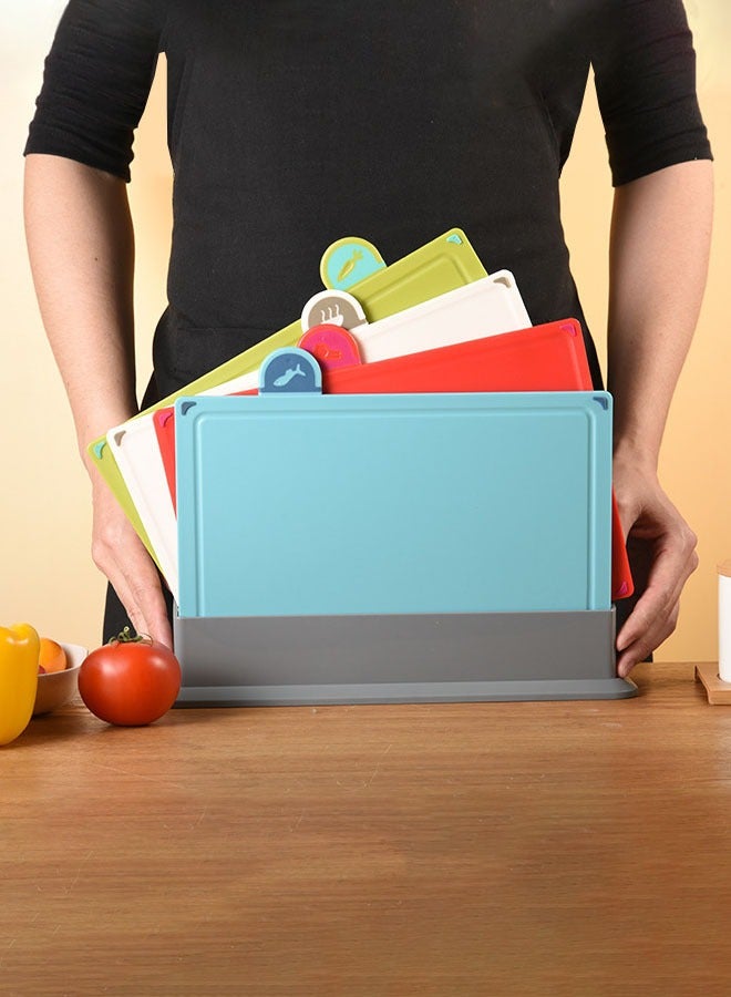 Hanayo 4 Pcs Cutting Board Set Plastic Cutting Board with a Base Kitchen Multifunctional Classification Chopping Board with Index Color Coded Food Icon Flexible Plastic Chopping Board for Cooking(Multicolour)  - Image 3