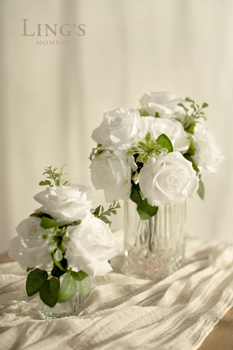Ling's moment Ling's Moment Artificial Silk Flowers  16pcs Faux Pure White Roses with Stems  3.5"" Fake Ivory Flowers Bulk for DIY Wedding Bouquets Centerpieces Party Baby Shower Home Decoration  - Image 2