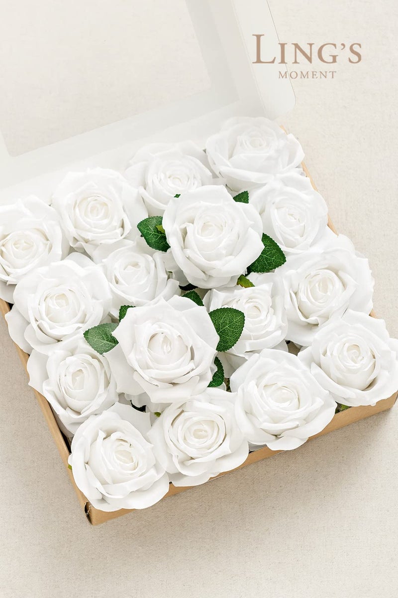 Ling's moment Ling's Moment Artificial Silk Flowers  16pcs Faux Pure White Roses with Stems  3.5"" Fake Ivory Flowers Bulk for DIY Wedding Bouquets Centerpieces Party Baby Shower Home Decoration  - Image 3
