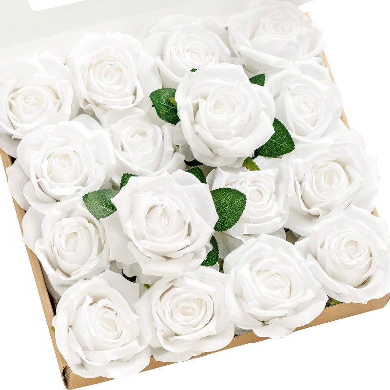 Ling's moment Ling's Moment Artificial Silk Flowers  16pcs Faux Pure White Roses with Stems  3.5"" Fake Ivory Flowers Bulk for DIY Wedding Bouquets Centerpieces Party Baby Shower Home Decoration  - Image 1