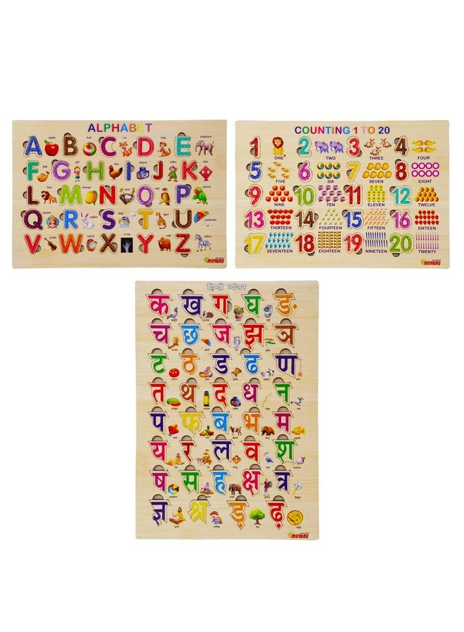 PARTEET Wooden Hindi and English Alphabets, 1-20 Counting Learning Educational Board for Kids, 20 Numeric, 39 Hindi and 26 English Alphabets Puzzle, Educational Learning Wooden Puzzle Board for Kids - Image 1