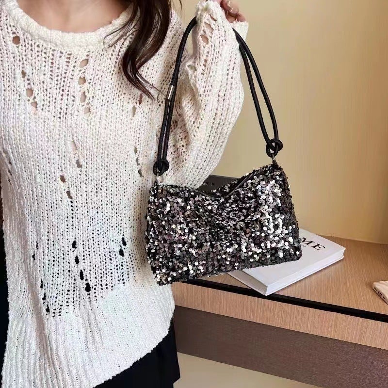 2026 Summer New Fashion Sequined Shoulder Bag, Ins Simple Crossbody Large Capacity Baguette Bag - Image 3