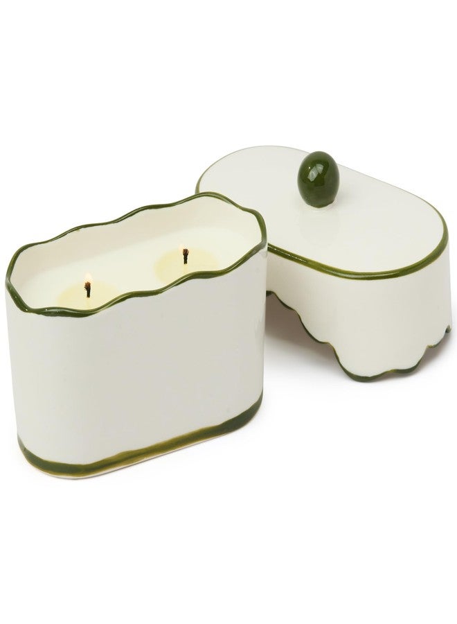 Paddywax CHÉRIE Ceramic Dish Candle, Soy Wax Candle, Poured with Love Ceramic Jar with Scalloped Lid, Reusable Vessel, 5.5 oz, Smoked Pistachio - Image 2